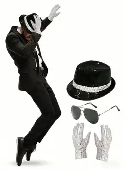 Michael Jackson Kostüm-Accessoires-Set - Pailletten-Fedora-Hut + Strass-Handschuhe + Pilotenbrille, Halloween