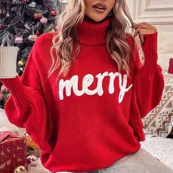 Weihnachten Rollkragenpullover Frauen Elegante Frohe Brief Drucken Langarm Pullover Weibliche Mode Herbst