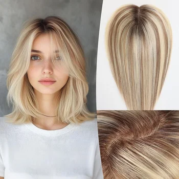 100% Echthaar-Toupets für Frauen Braun mit Blonden Highlights Haartopper 5×6 Zoll Verbesserte Schweizer