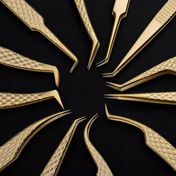 Wimpernpinzette zur Verlängerung, goldener Edelstahl, hochpräzise Pinzette für Volumenfans, professionelle