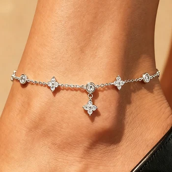 925 Sterling Silber Kleeblatt-Design Fußkettchen für Damen, zierliches Zirkonia-Charm-Ketten-Fußkettchen