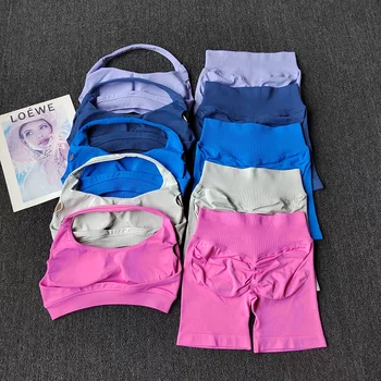 Yoga-Anzug für Damen, nahtlos, Fitness, Fitnessstudio, Kleidung, Neckholder, Sport-BH, passende (2 Stück)