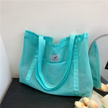 Frauen Transparent Mesh Schulter Tasche Modische Tragbare Einkaufen Reise Strand Mesh Net Tote Handtasche