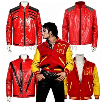 Pop Michael Klassische Rote Jacke Cosplay-Kostüm mit Reißverschlüssen Schwarze Verzierungen Herren