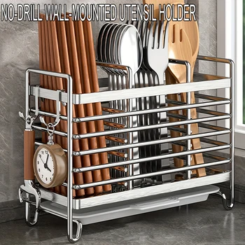 Wandmontierter Utensilienhalter ohne Bohren, platzsparender Organizer aus Edelstahl für Küchenbesteck, ideal