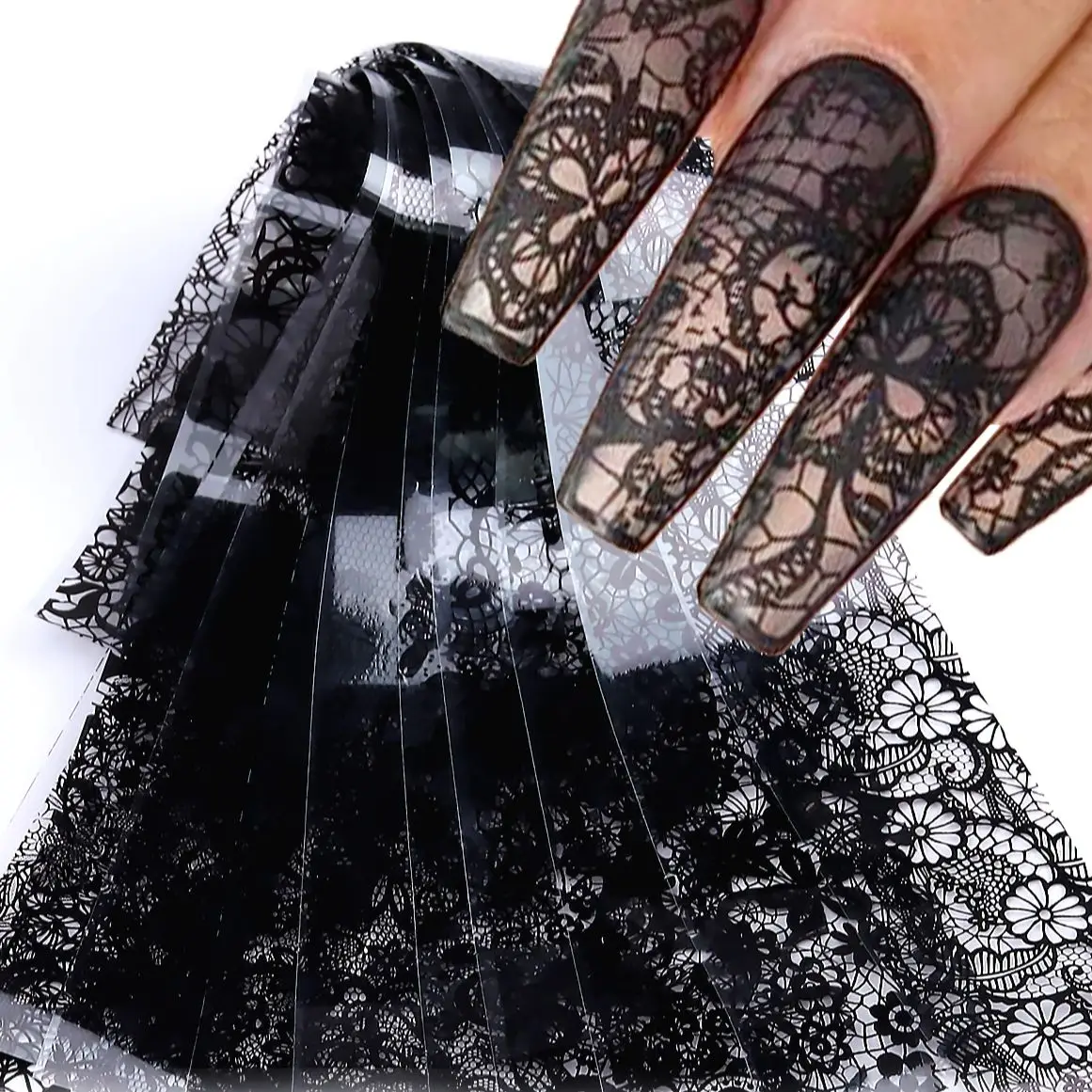 10 Blatt Spitzen-Nagelfolie, weiß und schwarz – Bild 3