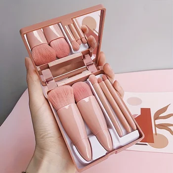 Tragbares Make-up-Pinsel-Set mit Spiegel - faltbares Reise-Set, Mini-Make-up-Pinsel-Set (5 Stück)