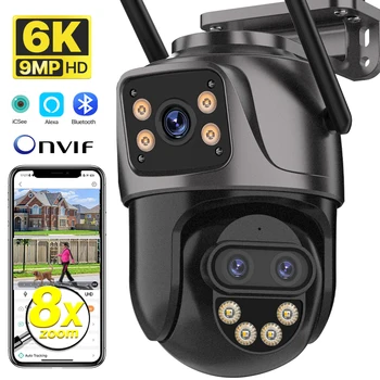 IP-Kamera 6K 9MP HD WiFi Außenkamera 8-fach Zoom Drei Objektiv Dual Screen Home Security PTZ-Kamera 6MP