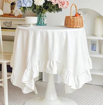 Runde Tischdecke aus 100 % Baumwolle, waschbar, Vintage-Rüschen-Tischdecke für Hochzeit, Party, Esszimmer