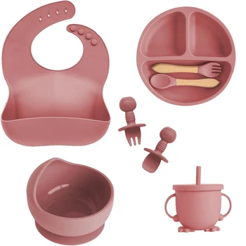 Kindergeschirr-Set, Baby-Silikon, 6/8-teiliges Geschirr-Set, Saugnäpfe, Gabeln, Löffel, Lätzchen, Strohhalme