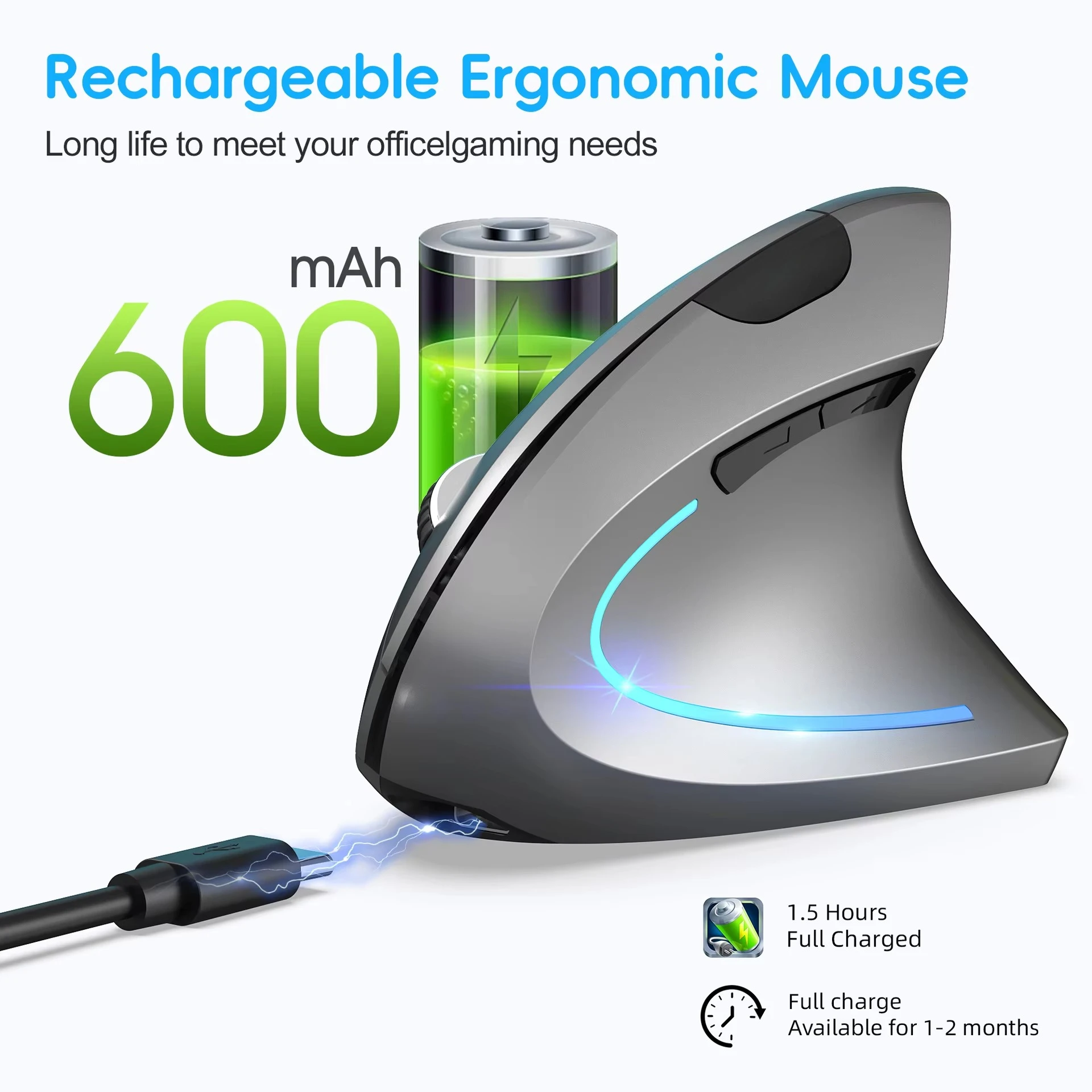 Vertikale ergonomische Gaming-Maus, kabellos – Bild 3