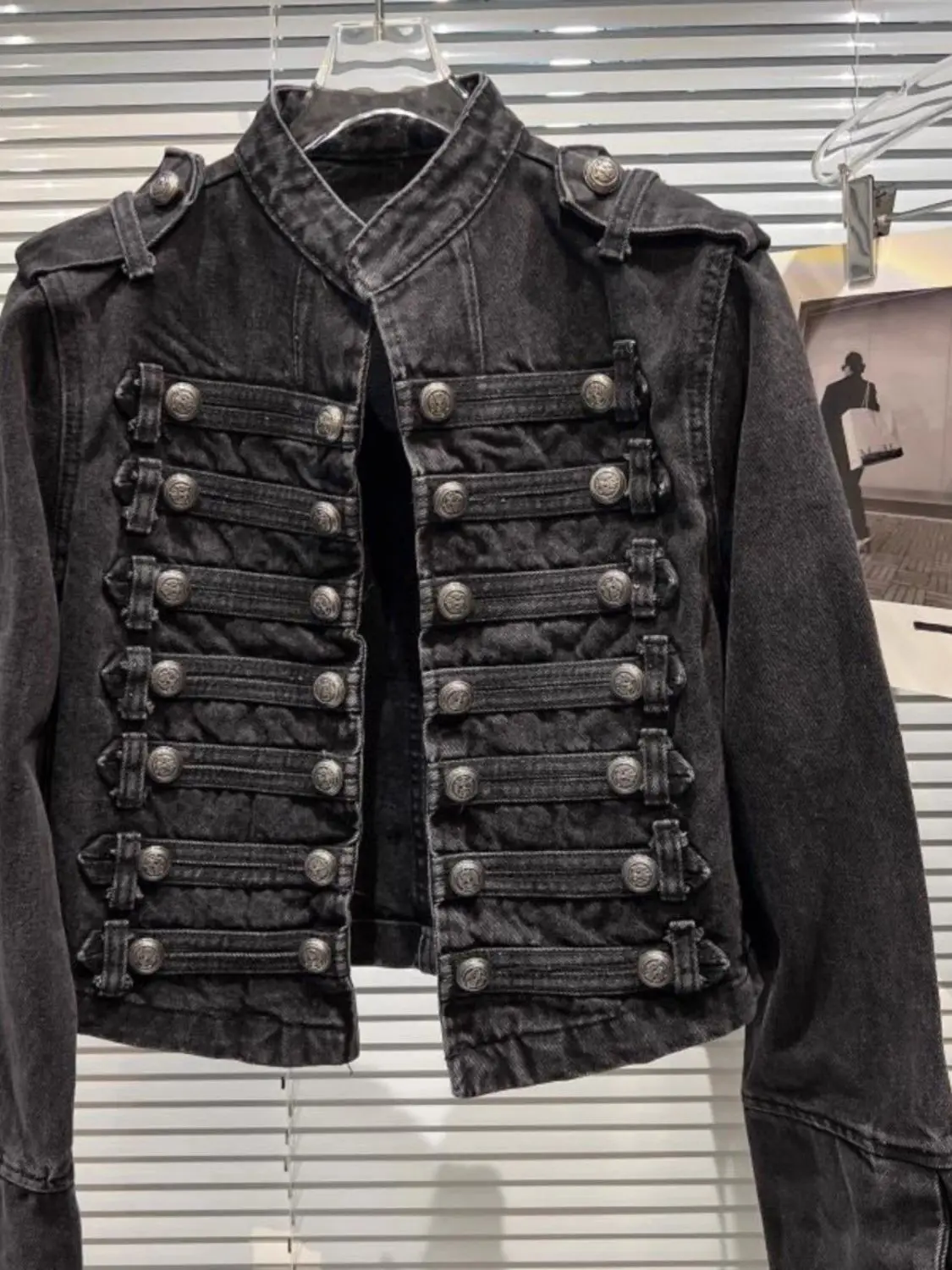 Chaqueta Mujer Metall Zweireiher Stehkragen Design Denim – Bild 4