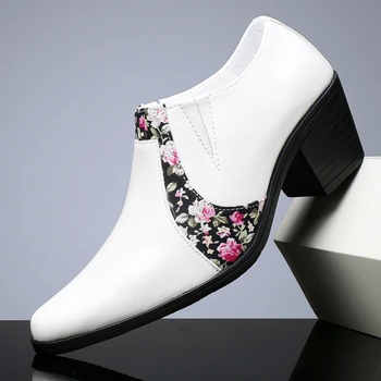 Weiße und gemusterte Leder-Business-Anzug-High-Heels-Herrenschuhe, spitze, elegante Party