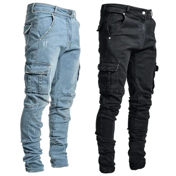 Straße Elastische Jeans Männer Denim Cargo Hosen Waschen Einfarbig Multi Taschen Casual Mittlere Taille Hose