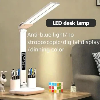 LED-Schreibtischlampe, USB, dimmbar, Touch, faltbar, Tischlampe mit Kalender, Temperatur, Uhr, Nachtlicht