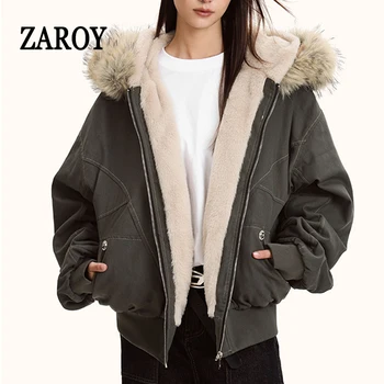 ZAROY Pelz Kragen Mit Kapuze Parkas Y2k Harajuku Verdicken Gepolsterte Jacken Casual Zipper Gothic Frauen