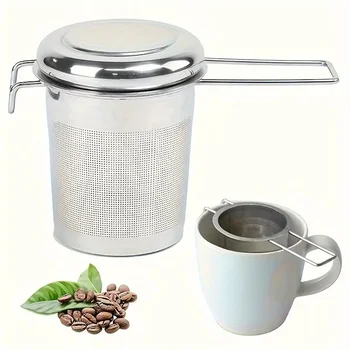 Premium-Teefilter aus Edelstahl mit verlängertem Klappgriff, loses Teedropfgestell mit Deckel