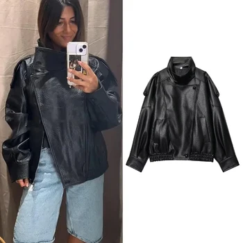 TFMLN Chic Schwarz Kunstleder Jacken Frauen Langarm Tasten Elastische Übergroße Mäntel Mode 2025, Herbst