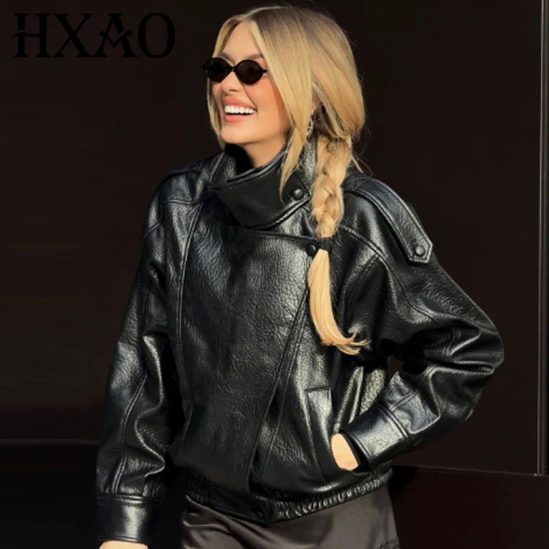 HXAO Neue Ankunft Damen Bomberjacke Leder Schwarz Jacken