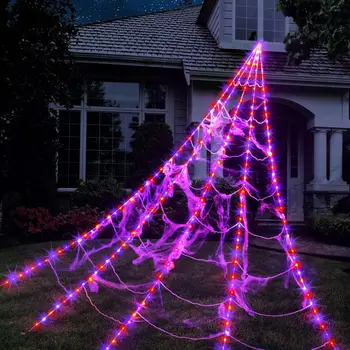 Praktische 8 Modi Halloween-Spinnennetz-Lichter, wasserdicht, 250 LEDs, LED-Spinnennetz, 5 m groß, gruselig