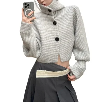 2025 grau Gestreiften Frauen Pullover Vintage Rollkragen Koreanische Mode Stricken Taste Herbst Lose