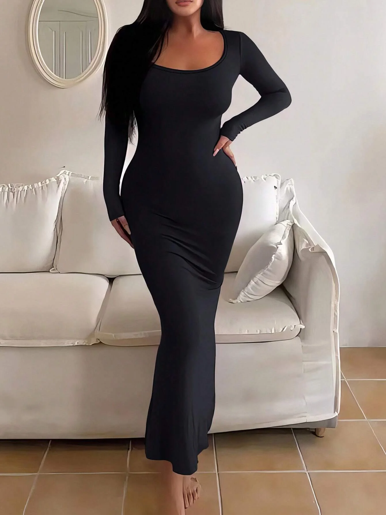 Solides, langärmliges, figurbetontes Damenkleid, schickes – Bild 4