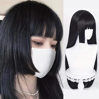 Natürliche Lange Glatte Synthetische Schwarze Perücke mit Pony, Lolita Cosplay Haarperücken für Frauen