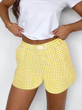 Shorts for Women Teen-girls Elastic Waistband Pull-on Red Blue Plaid Shorts Outfit Casual Lounge Summer Shorts