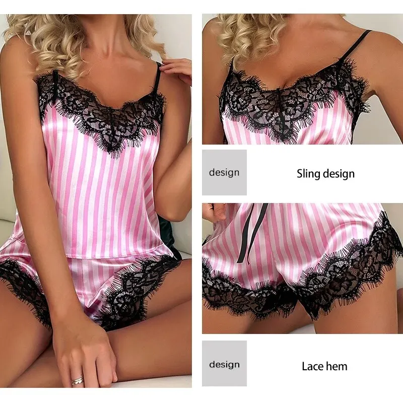 Zweiteilige Damen V-Ausschnitt sexy Spitze Hosenträger Pyjama – Bild 3
