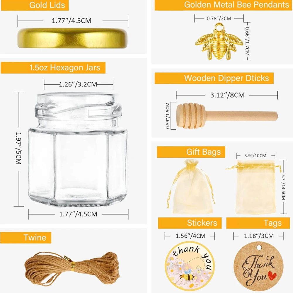 1,5 oz sechseckige Mini-Glas-Honiggläser mit Holzspatel – Bild 2
