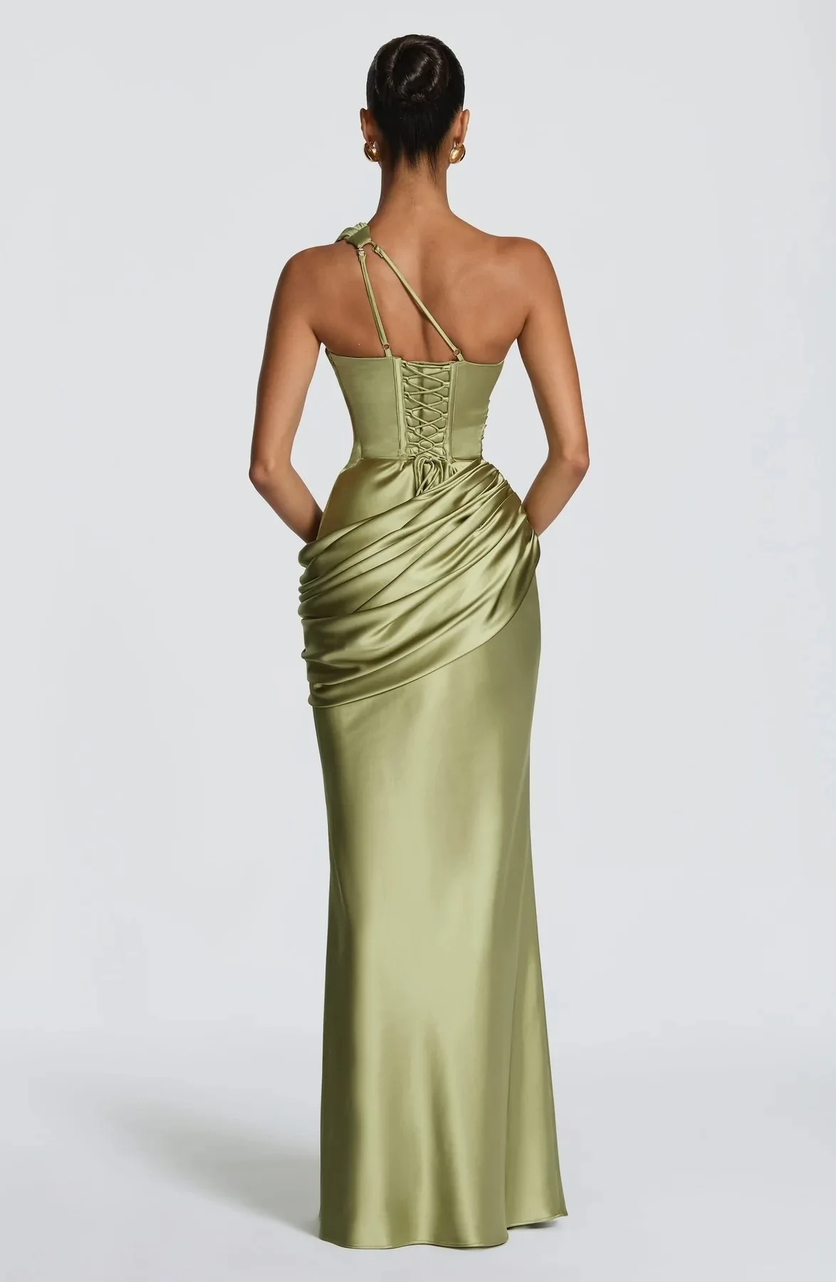 Damen Grünes Gerafftes Elegantes Satin-Maxikleid Meerjungfrau – Bild 3