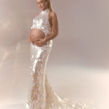 Umstandskleider für Frauen 2026, Paillettenbesetztes Weißes Kleid, Neckholder, Rückenfrei, Ausgeschnittenes