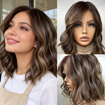 Synthetische Lace-Frontal-Perücken für Frauen, kurze Bob-Perücke in Braun-Schwarz mit blonden Highlights