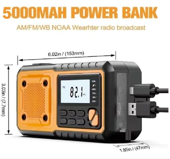 5000 mAh/18500 mWh Notfall-Handkurbelradio, AM FM NOAA Wetteralarmradio, Digitalanzeige, 4-Wege-betriebene