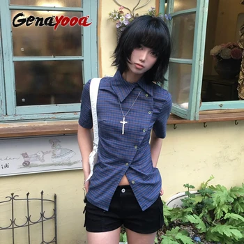 Genayooa Vintage Plaid Casual Shirt Frauen Kurzarm Y2k Tops Japanische 2000er Jahre Sommer Shirt Unregelmäßige