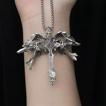 Retro Gothic Jesus Flügel Kreuz Anhänger Halskette Schmuck für Männer Frauen Große Vintage Dark Punk Religiöse