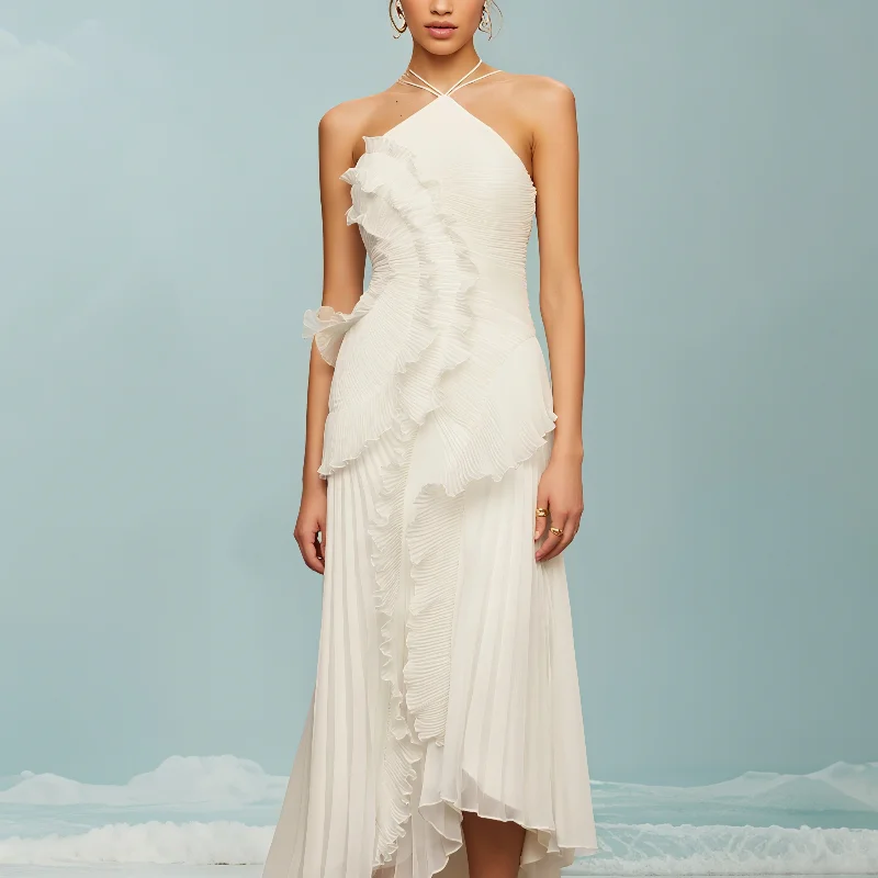 Sommer temperament plissiert neckholder lange urlaub kleid – Bild 5