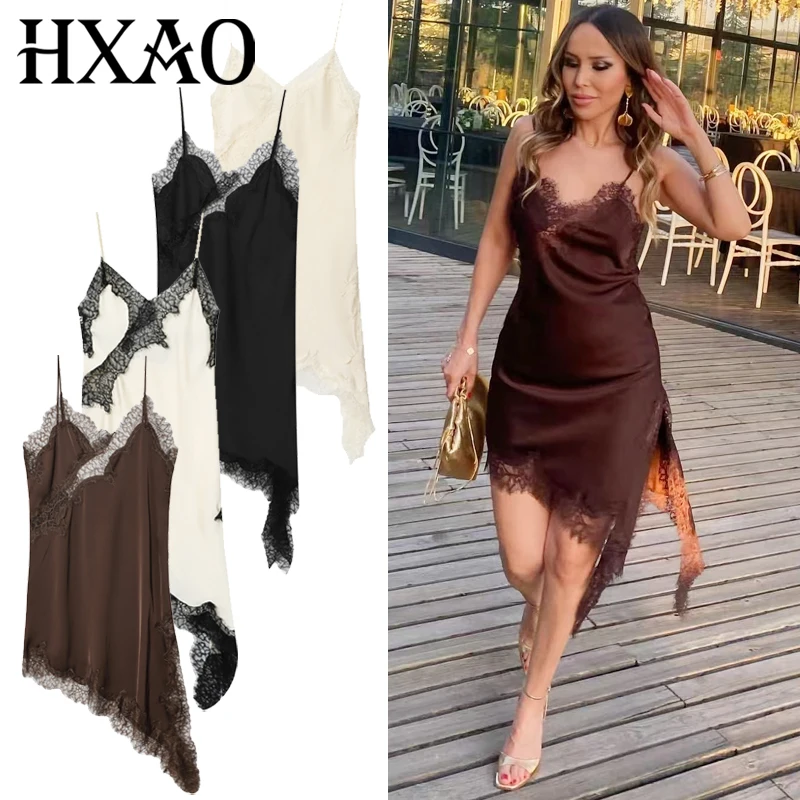 HXAO Damenkleider, Spitze, asymmetrisches Slip-Kleid, Sommer