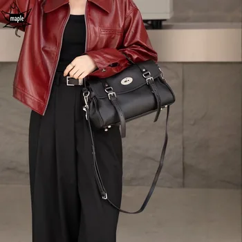 Retro klassische schwarze Satchel Tote Naturrindleder Damen Messenger Bag All-Match stilvolle Handtasche