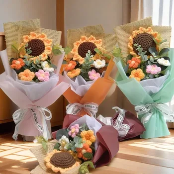 Künstlicher Blumen-Häkelstrauß, handgefertigt, Jahrestag, Sonnenblume, Gänseblümchen-Blumenstrauß, Muttertag