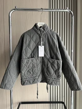 Damen Polyester Gefütterte Jacke 2026 Vintage Lenzing Rayon Hochkragen Große Tasche Dekorativer Gesteppter