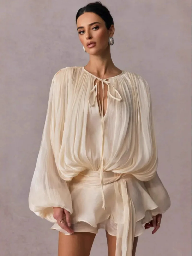 Beige Top Solide Bluse Mini Kleider Für Frauen V-ausschnitt – Bild 5