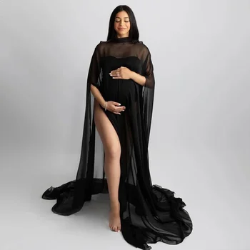 Schwarzes Chiffon-Umstandskleid mit Umhang, Fotoshooting für elegante Schwangerschaft, Fotoshooting-Kleid