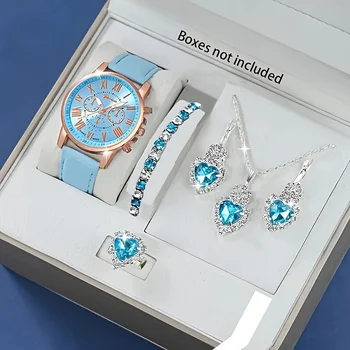 Modisches Quarz-Uhren- und Schmuckset, stoßfeste runde analog-digitalanzeige, PU-Lederarmband, Gehäuse aus