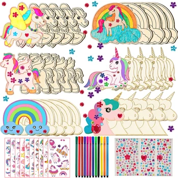 Einhorn-Holzbastelset mit 18 Einhornholz, 354 Strasssteinen, 12 Buntstiften, 2 Aufkleber (386 Stück)