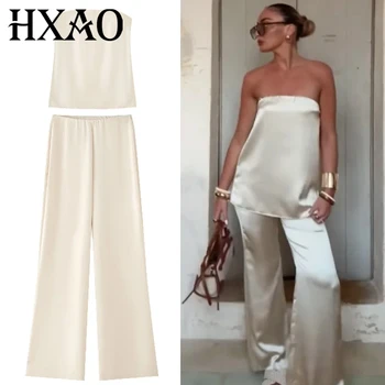 HXAO Satin-Hosen-Sets für Damen, zweiteiliges Set, trägerlos, schulterfrei, Röhrenweste, 2-teiliges Set