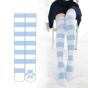 Lolita Overknee-Socken, rosa Streifen, Kawaii-Strümpfe mit Katzenpfoten-Aufdruck, Lolita-Gothic-Samt über dem