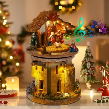 Animiertes Weihnachtsdorf mit Krippenszene, rotierendem Krippenstall, religiösen Liedern und Lichtern
