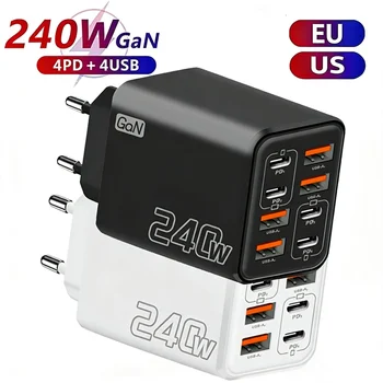8-in-1 GaN Desktop USB-Telefonladegerät 240W PD Schnellladegerät 4PD 4USB für iPhone 16 15 Pro Samsung Xiaomi