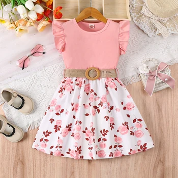 Lässiges, romantisches Blumendruckkleid für Mädchen mit gerüschten Kanten und kleinen fliegenden Ärmeln